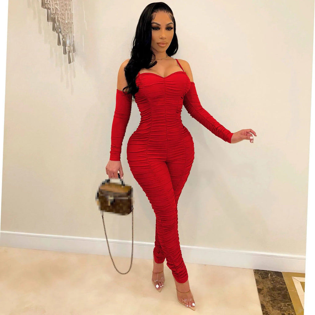 Ruched: Long Sleeve Form Fitted Jumpsuit