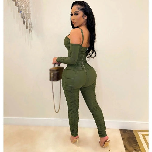Ruched: Long Sleeve Form Fitted Jumpsuit
