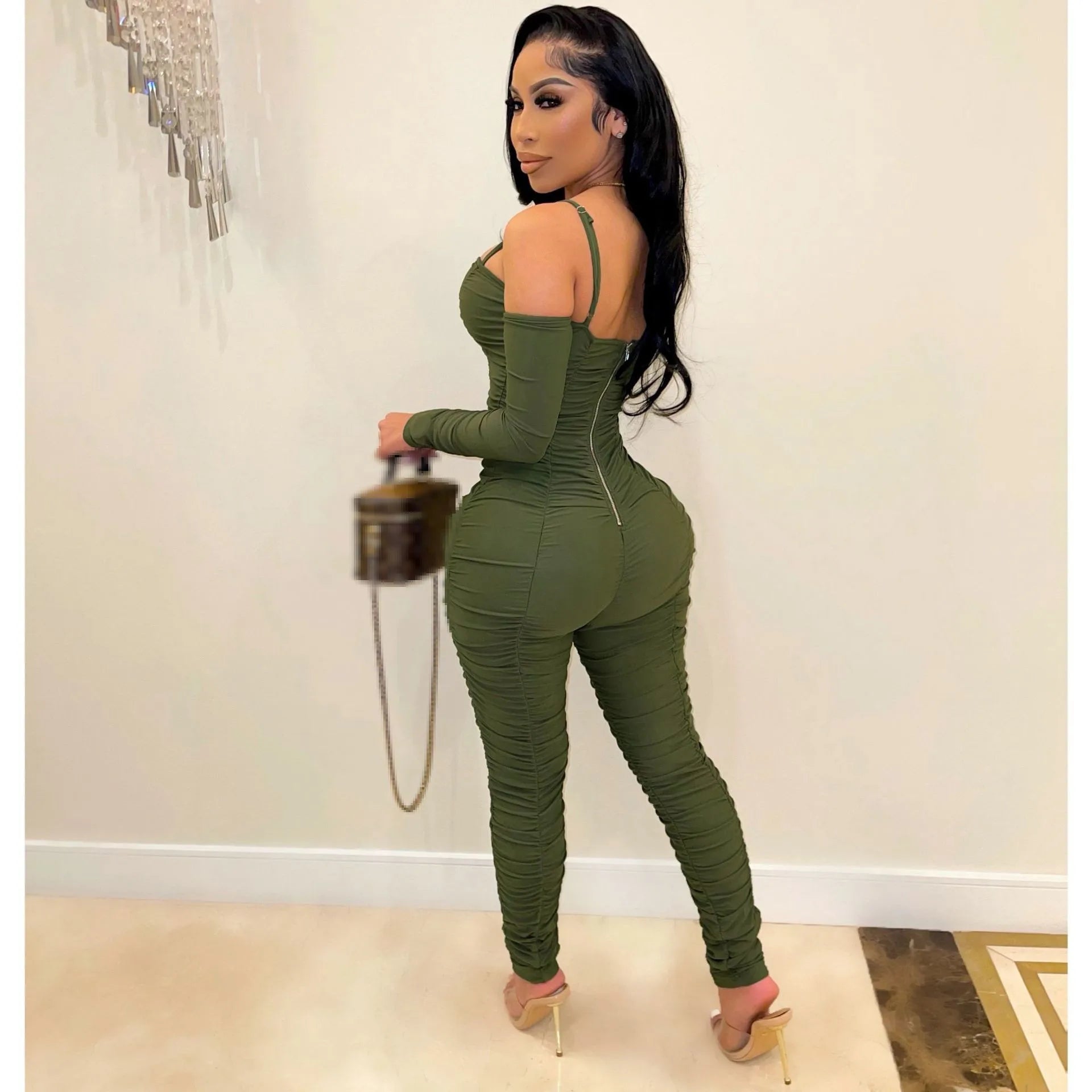 Ruched: Long Sleeve Form Fitted Jumpsuit