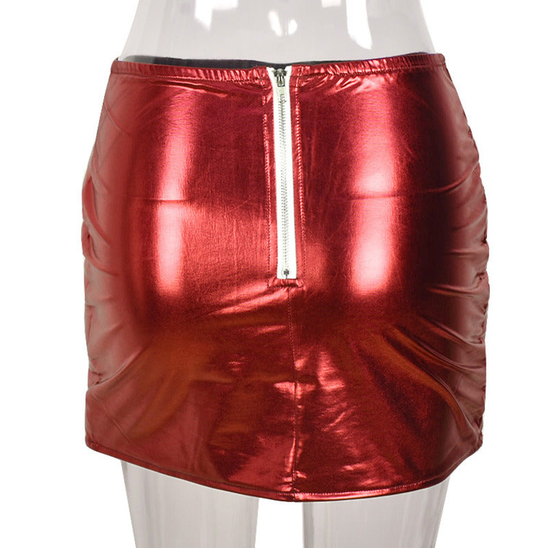 Red Women's Puffer Skirts Metallic Shiny Warm Quilted Mini Skirt