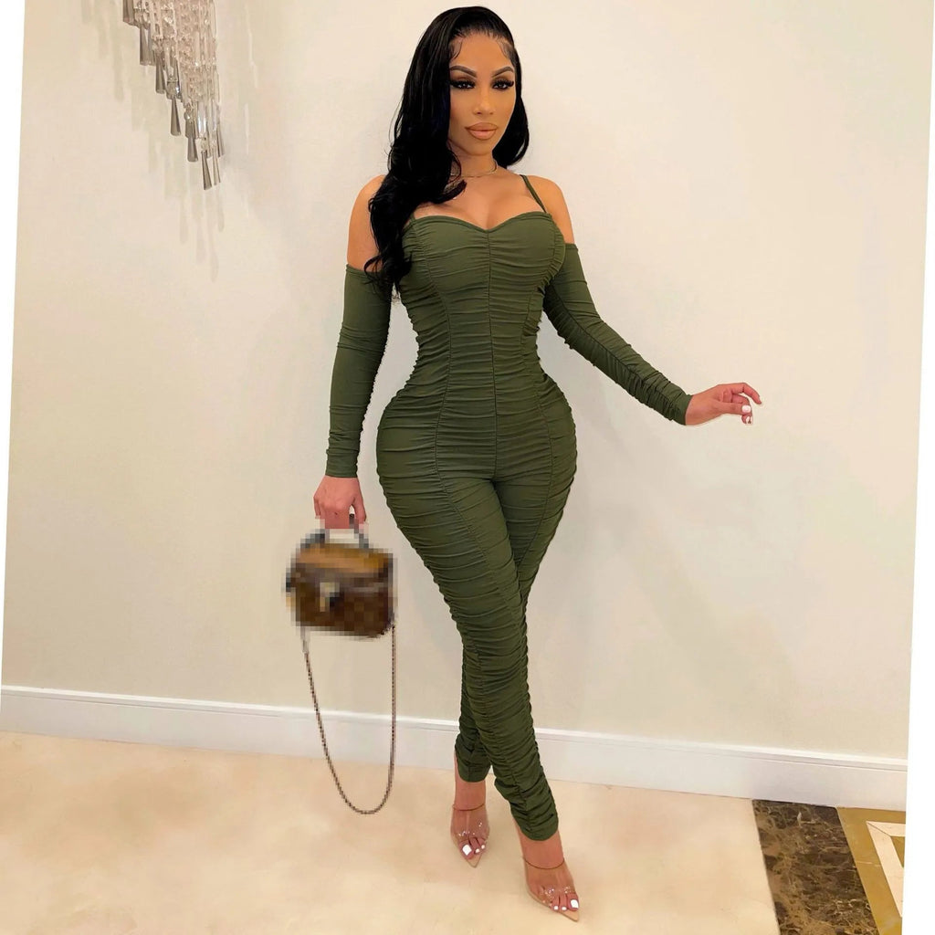 Ruched: Long Sleeve Form Fitted Jumpsuit