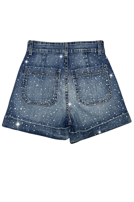 Femme Rhinestone Denim Short Medium Wash